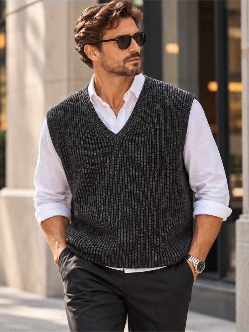 Vintage Structure Knit Silk Blend Sweater Vest Gray Men's Large